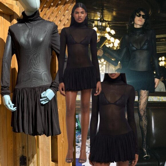 🆕 RAT & BOA 🧿 NWOT Lui Sheer Mesh Long Sleeve Mini Dress, Black - Sz M - Picture 1 of 13